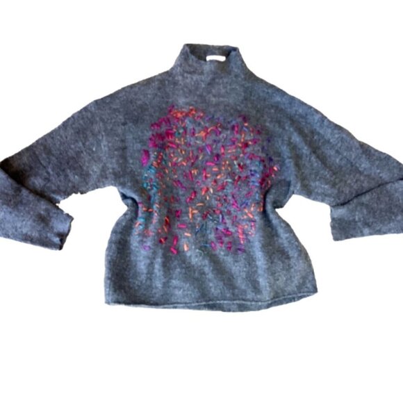 Leith Soft Cozy Mock Neck Colorful Embroidered Pullover Sweater Sz M #246D - Picture 1 of 8